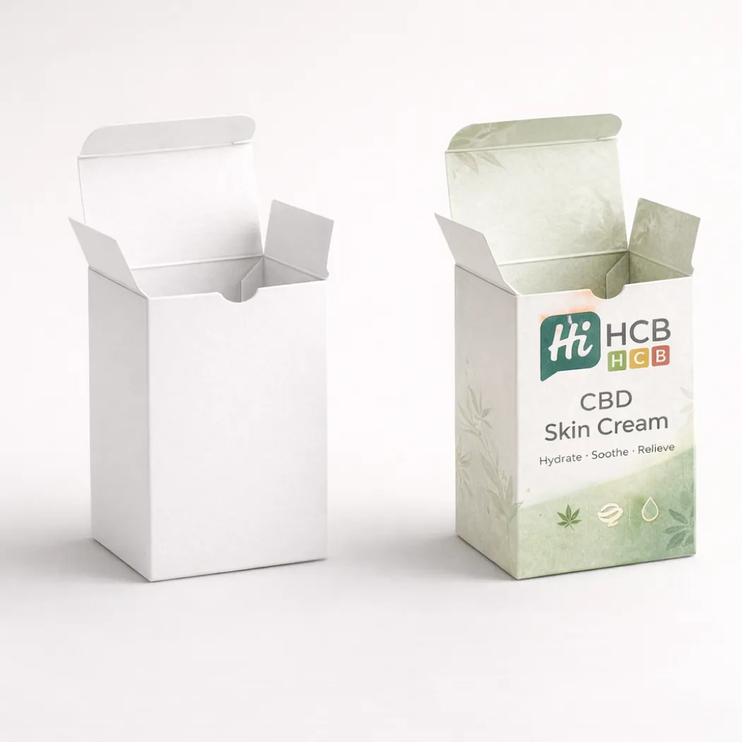 Two upright cardboard product boxes with open top flaps- showcasing a clean white and green design-
